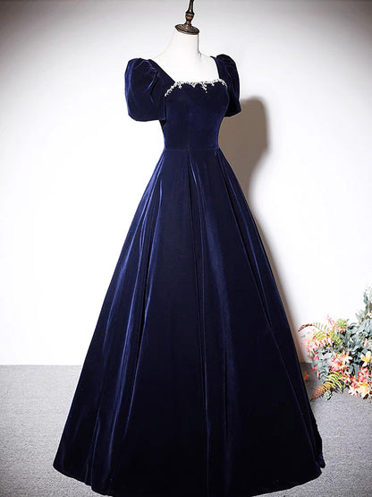 A-Line Dark Blue Velvet Long Prom Dress, Blue Formal Evening Dress