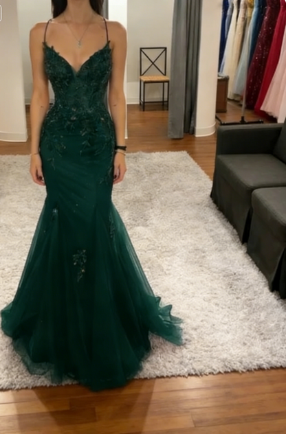 Classy Mermaid Straps Red Tulle Backless Long Prom Dresses Party Dress Birthday Outfits Graduation Dresses W0513
