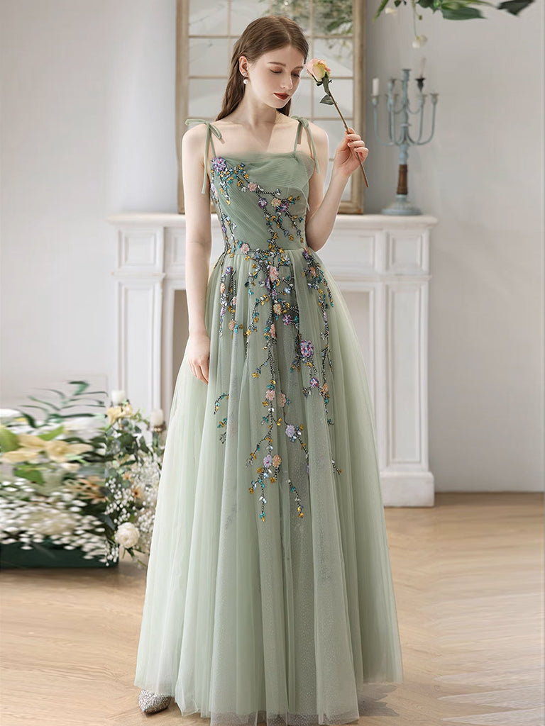 A-Line Tulle Lace Green Long Prom Dress, Green Long Formal Dress