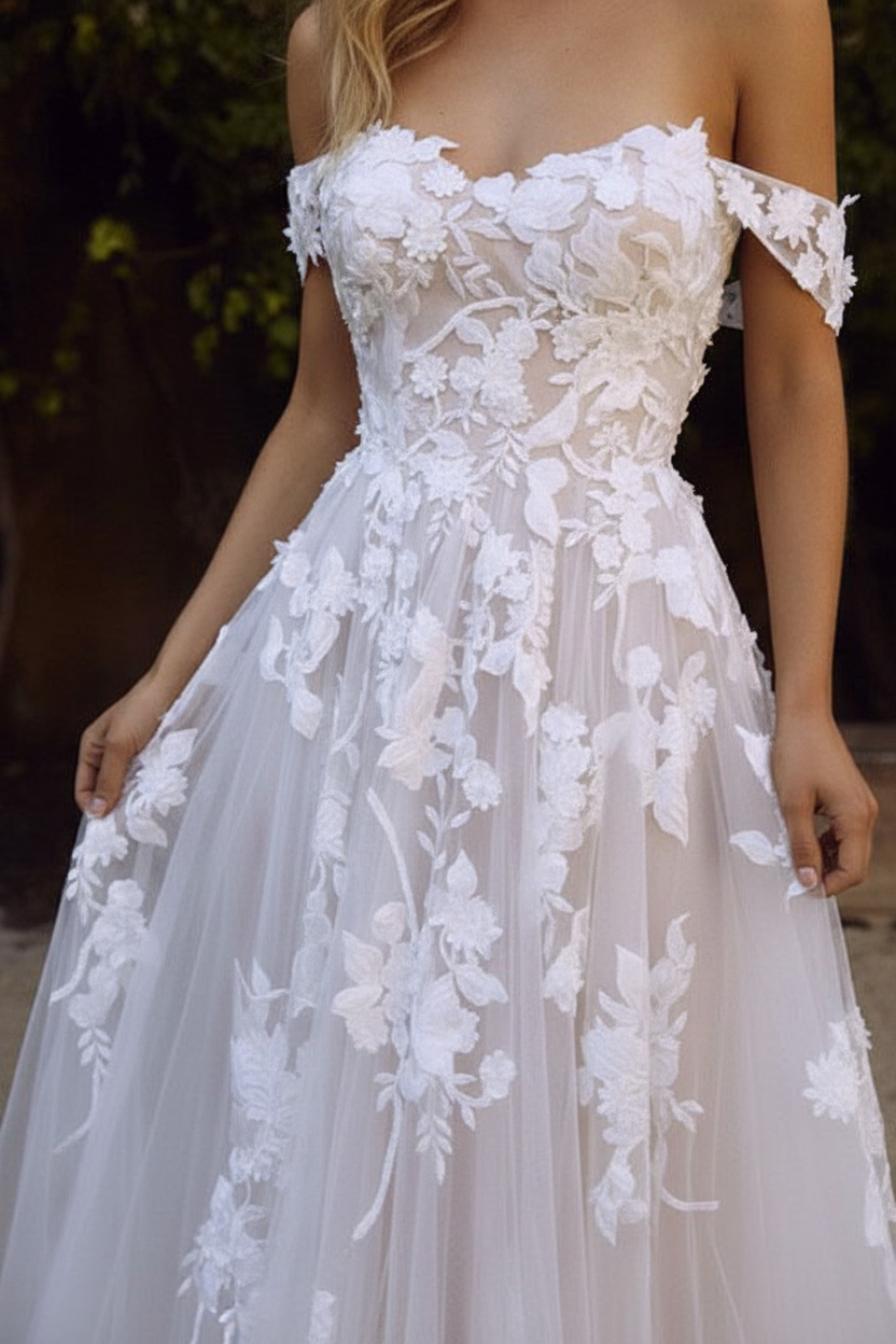 Short Sleeve A Line Wedding Dresses Off The Shoulder  Lace Appliqued Tulle Bridal Gown With Train
