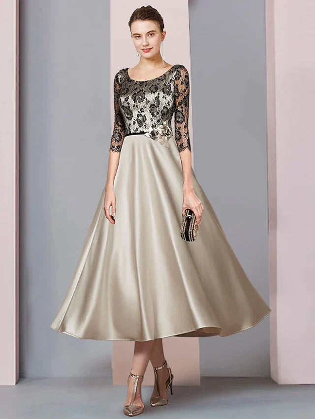 A-Line Mother of the Bride Dress Formal Church Party Elegant Scoop Neck Tea Length Satin Lace Half Sleeve with Flower Color Block