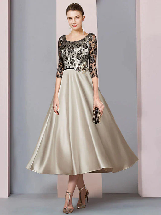 A-Line Mother of the Bride Dress Formal Church Party Elegant Scoop Neck Tea Length Satin Lace Half Sleeve with Flower Color Block