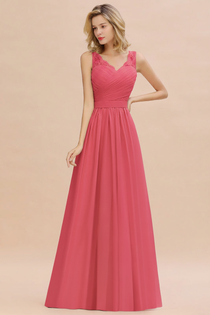 Modest Floral Lace A-line Bridesmaid Dress V-Neck Ruched Chiffon Wedding Guest Dress