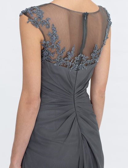 Aimishang A-Line Mother of the Bride Dress Wedding Guest Elegant See Through Bateau Neck Floor Length Chiffon Lace Sleeveless with Side Draping Fall