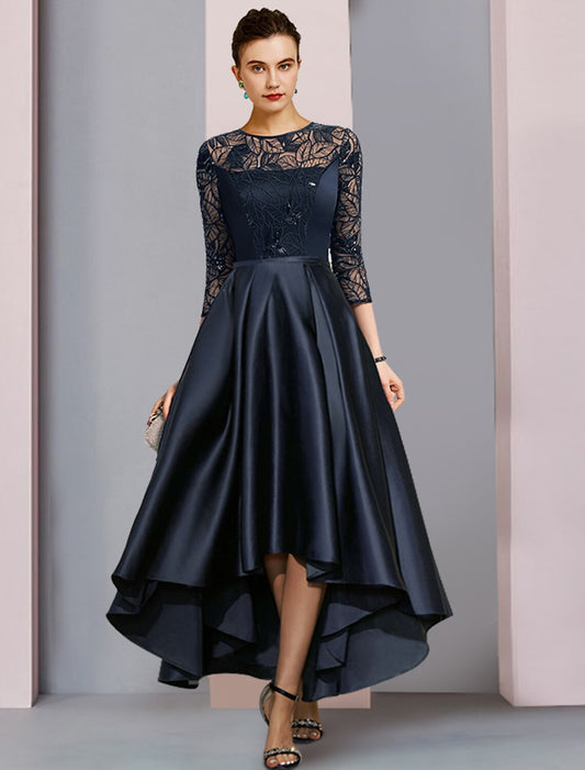 Aimishang A-Line Mother of the Bride Dress Wedding Guest Vintage Party Jewel Neck Asymmetrical Satin Lace Sequined Half Sleeve with Pleats