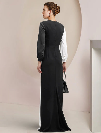 Aimishang Sheath / Column Mother of the Bride Dress Formal Wedding Guest Party Elegant V Neck Floor Length Stretch Satin 3/4 Length Sleeve with Color Block