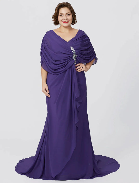 Sheath / Column Mother of the Bride Dress Formal Classic & Timeless Elegant & Luxurious Plus Size V Neck Sweep / Brush Train Floor Length Chiffon Short Sleeve No with Criss Cross