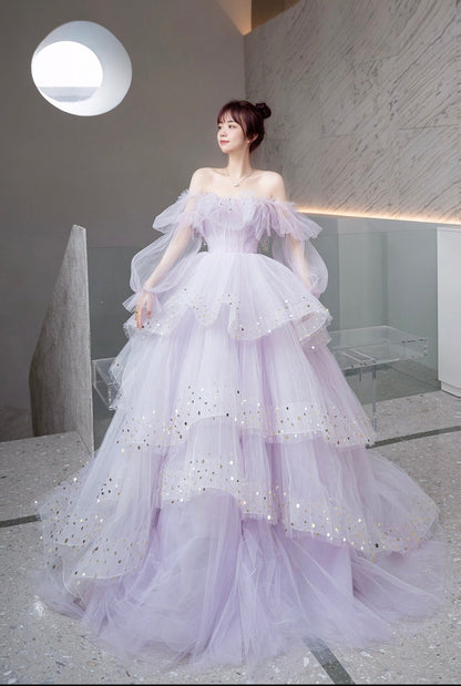 Light Purple Tulle Layers Ball Gown Princess Formal Dresses, Long Sweet 16 Dresses C2250