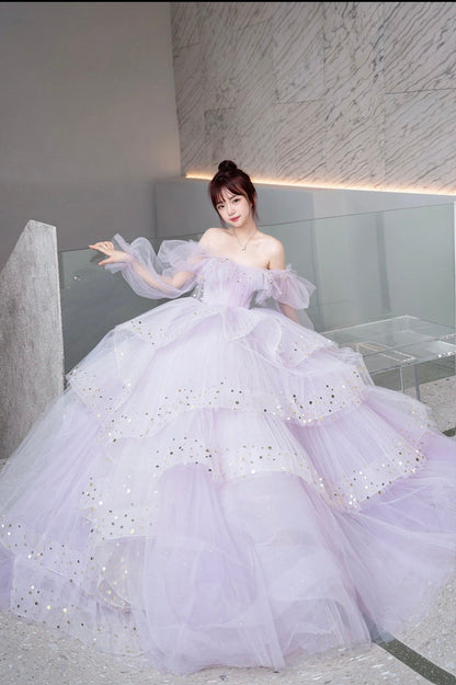 Light Purple Tulle Layers Ball Gown Princess Formal Dresses, Long Sweet 16 Dresses C2250