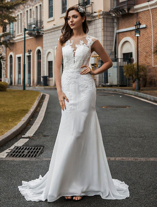 Wedding Bridal Gowns Jewel Neck Sleeveless Buttons Court Train Bridal Gowns