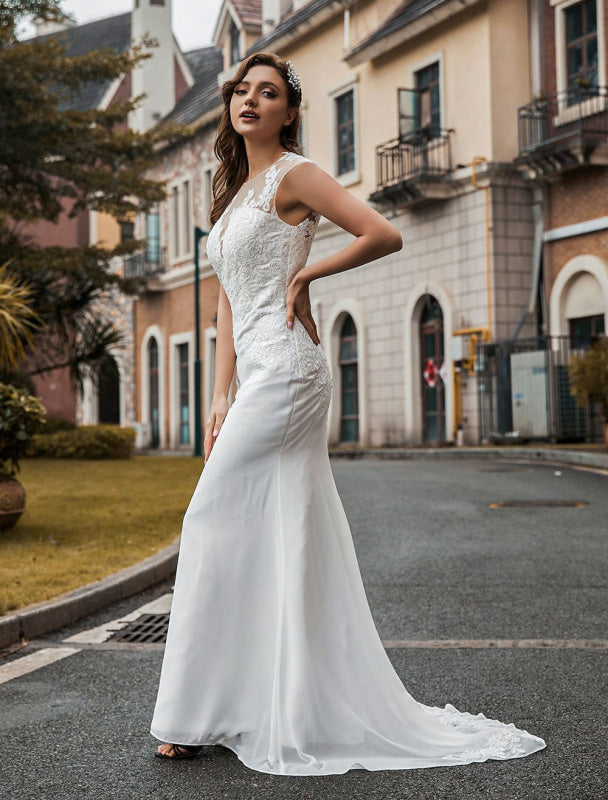 Wedding Bridal Gowns Jewel Neck Sleeveless Buttons Court Train Bridal Gowns