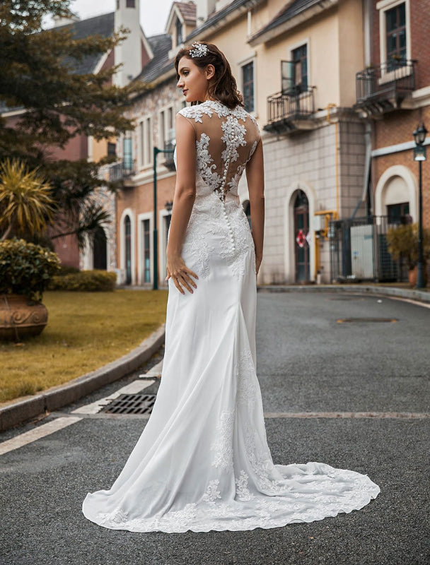 Wedding Bridal Gowns Jewel Neck Sleeveless Buttons Court Train Bridal Gowns