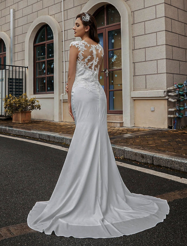 Wedding Bridal Gowns Jewel Neck Sleeveless Buttons With Train Bridal Dresses
