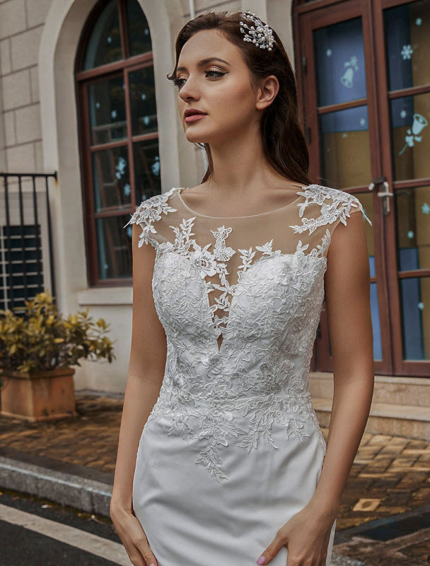 Wedding Bridal Gowns Jewel Neck Sleeveless Buttons With Train Bridal Dresses