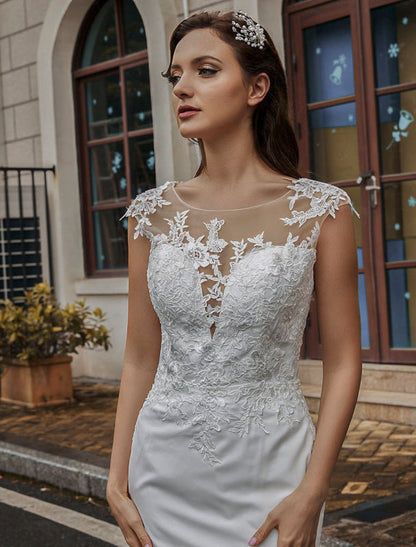 Wedding Bridal Gowns Jewel Neck Sleeveless Buttons With Train Bridal Dresses