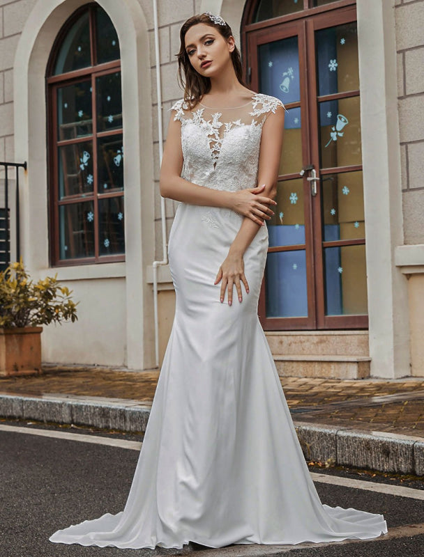 Wedding Bridal Gowns Jewel Neck Sleeveless Buttons With Train Bridal Dresses