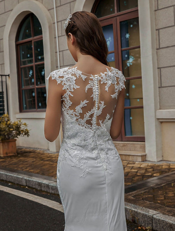 Wedding Bridal Gowns Jewel Neck Sleeveless Buttons With Train Bridal Dresses