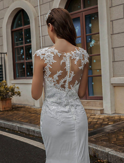 Wedding Bridal Gowns Jewel Neck Sleeveless Buttons With Train Bridal Dresses