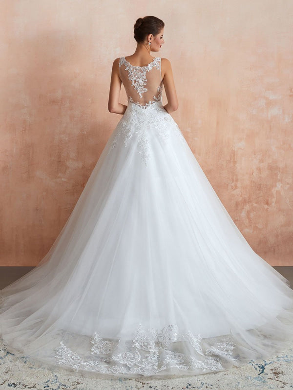 Wedding Dress V Neck Princess Sleeveless Floor Length Tulle Bridal Gown With Train