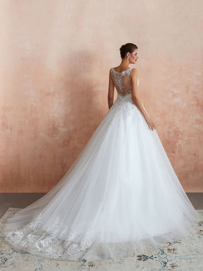 Wedding Dress V Neck Princess Sleeveless Floor Length Tulle Bridal Gown With Train