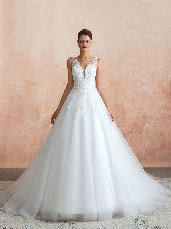 Wedding Dress V Neck Princess Sleeveless Floor Length Tulle Bridal Gown With Train