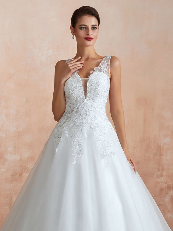 Wedding Dress V Neck Princess Sleeveless Floor Length Tulle Bridal Gown With Train