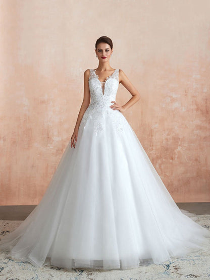 Wedding Dress V Neck Princess Sleeveless Floor Length Tulle Bridal Gown With Train