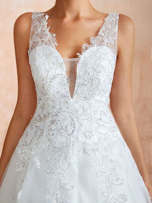 Wedding Dress V Neck Princess Sleeveless Floor Length Tulle Bridal Gown With Train