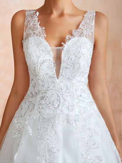 Wedding Dress V Neck Princess Sleeveless Floor Length Tulle Bridal Gown With Train