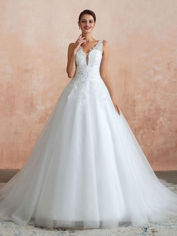 Wedding Dress V Neck Princess Sleeveless Floor Length Tulle Bridal Gown With Train