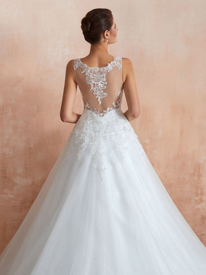 Wedding Dress V Neck Princess Sleeveless Floor Length Tulle Bridal Gown With Train