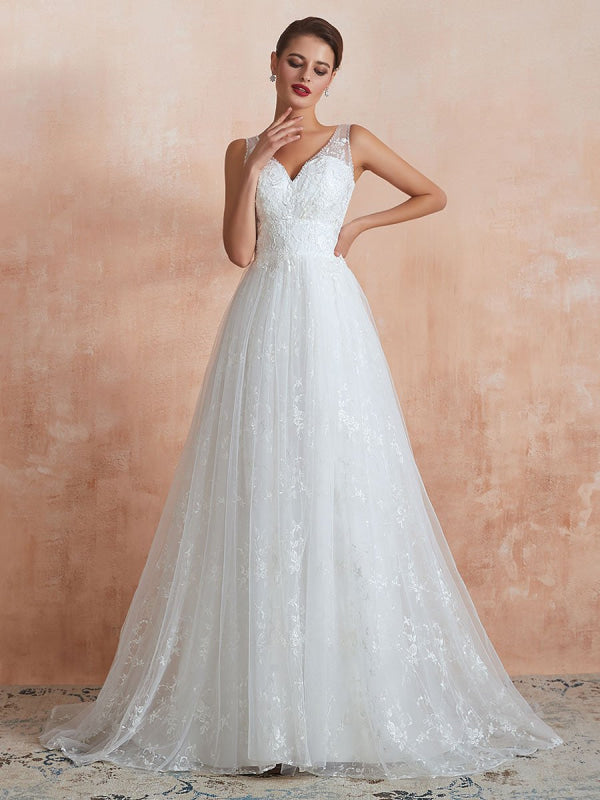 Wedding Dress A Line V Neck Sleeveless Floor Length Bridal Gowns With Train