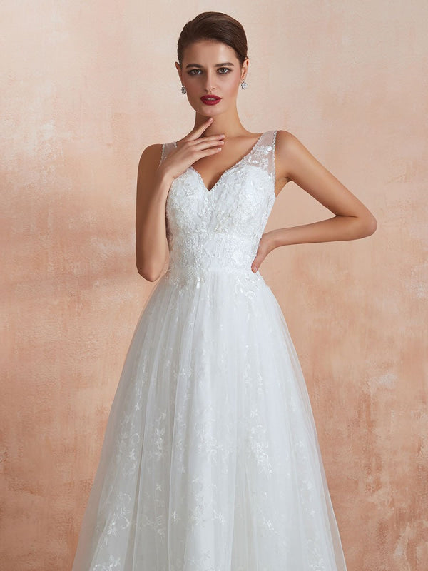 Wedding Dress A Line V Neck Sleeveless Floor Length Bridal Gowns With Train