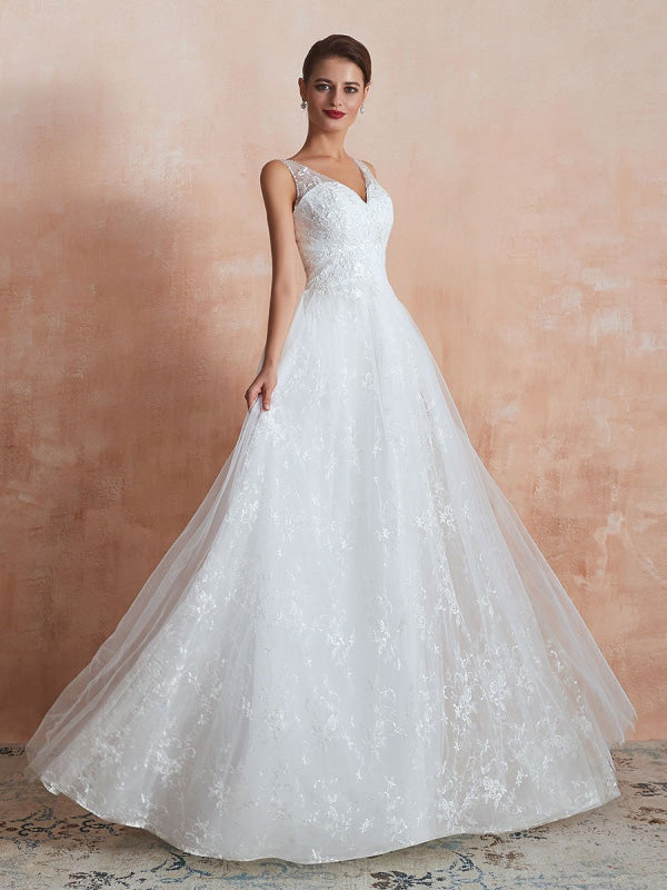 Wedding Dress A Line V Neck Sleeveless Floor Length Bridal Gowns With Train