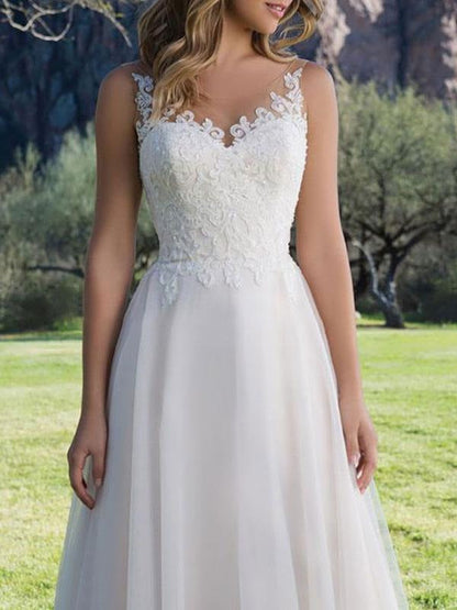 Wedding Dress A Line V Neck Sleeveless Lace Beach Party Bridal Gowns With Train