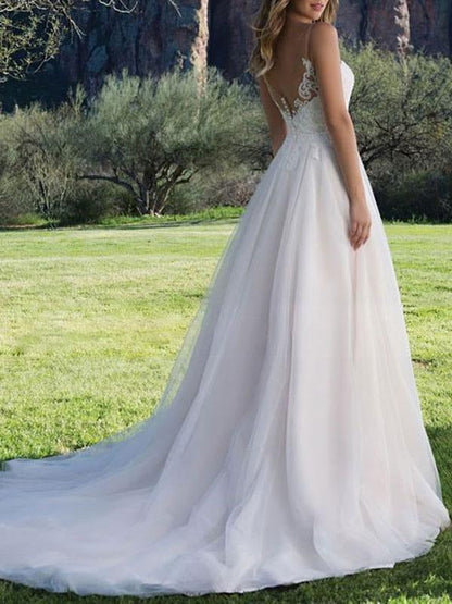 Wedding Dress A Line V Neck Sleeveless Lace Beach Party Bridal Gowns With Train