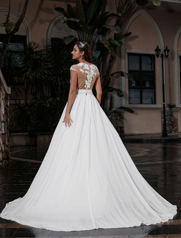 Wedding Dress Beach A-Line Silhouette Jewel Neck Lace Chiffon Wedding Gown