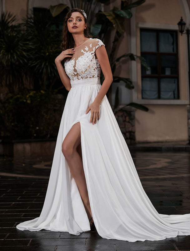 Wedding Dress Beach A-Line Silhouette Jewel Neck Lace Chiffon Wedding Gown