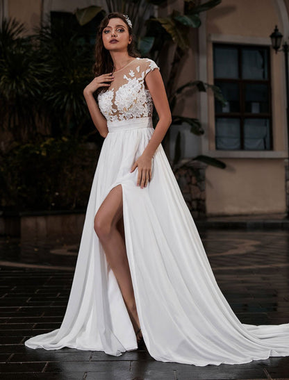 Wedding Dress Beach A-Line Silhouette Jewel Neck Lace Chiffon Wedding Gown