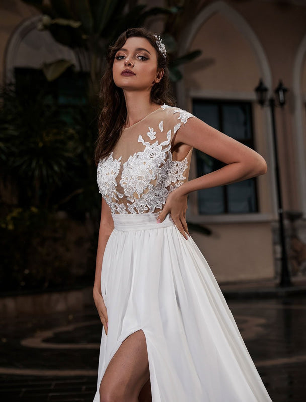 Wedding Dress Beach A-Line Silhouette Jewel Neck Lace Chiffon Wedding Gown