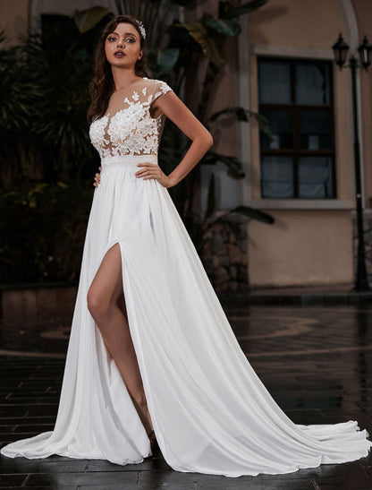 Wedding Dress Beach A-Line Silhouette Jewel Neck Lace Chiffon Wedding Gown