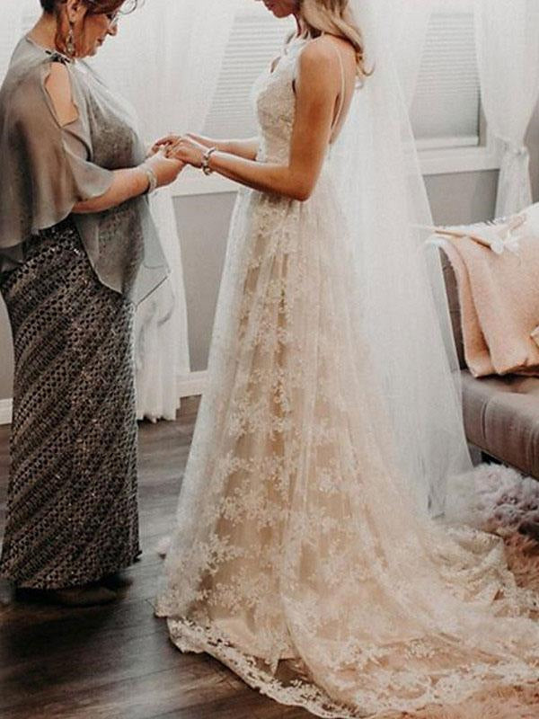 Wedding Dress Court Train A-Line Spaghetti Straps Sleeveless Lace V-Neck Backless Ivory Bridal Gowns