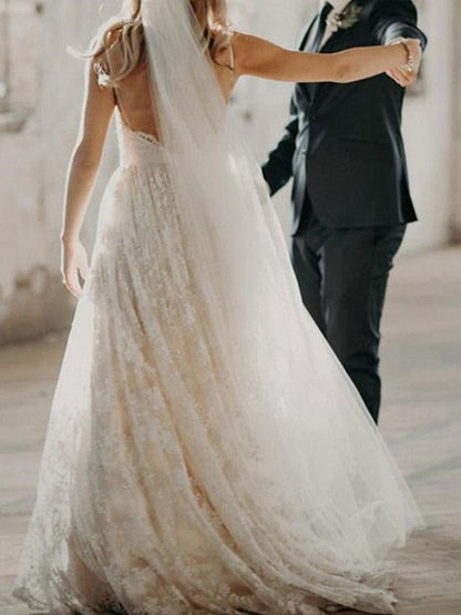 Wedding Dress Court Train A-Line Spaghetti Straps Sleeveless Lace V-Neck Backless Ivory Bridal Gowns