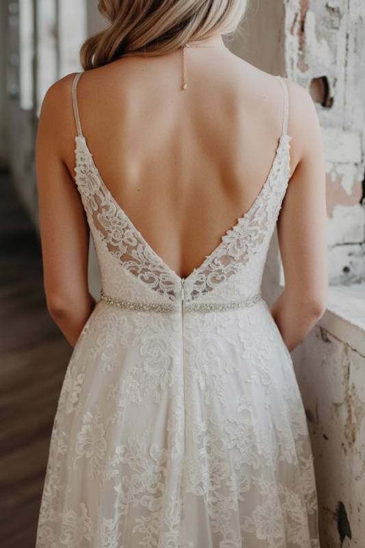 Wedding Dress Court Train A-Line Spaghetti Straps Sleeveless Lace V-Neck Backless Ivory Bridal Gowns