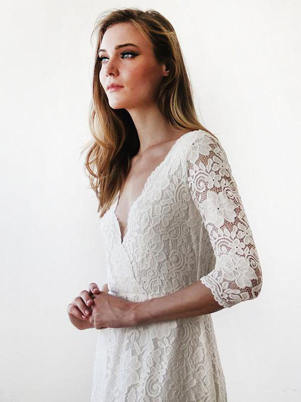 Wedding Dress Floor-Length A-Line 3/4 Length Sleeves V-Neck Lace Bridal Gowns