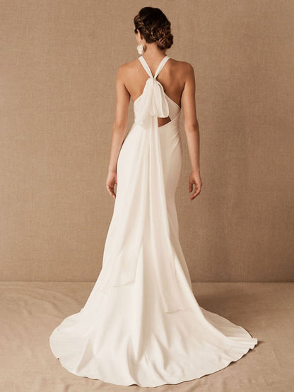 Wedding Dress Halter Sleeveless Bows With Train Bridal Gowns