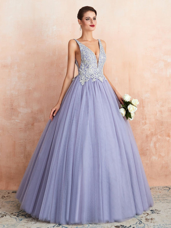Wedding Dress Princess A Line Floor Length V Neck Sleeveless Raised Waist Lace Tulle Bridal Gowns