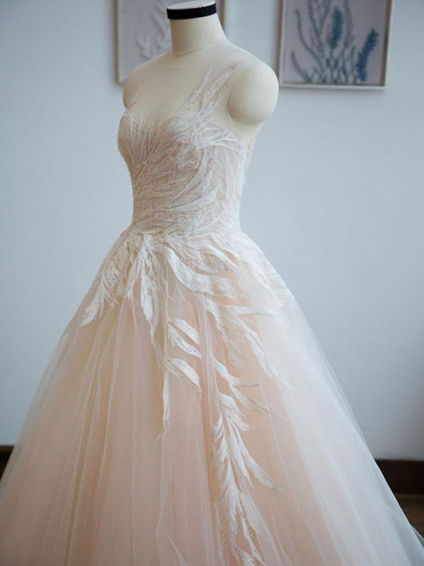 Wedding Dress Princess Floor Length Jewel Neck Sleeveless Lace Tulle Bridal Gowns