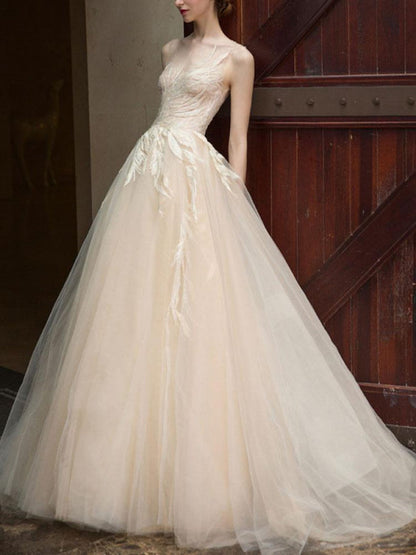 Wedding Dress Princess Floor Length Jewel Neck Sleeveless Lace Tulle Bridal Gowns