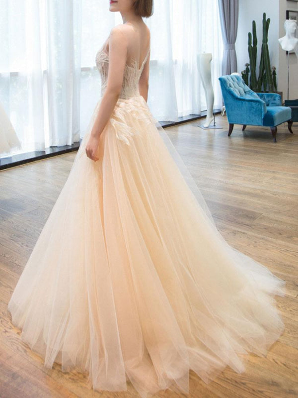 Wedding Dress Princess Floor Length Jewel Neck Sleeveless Lace Tulle Bridal Gowns